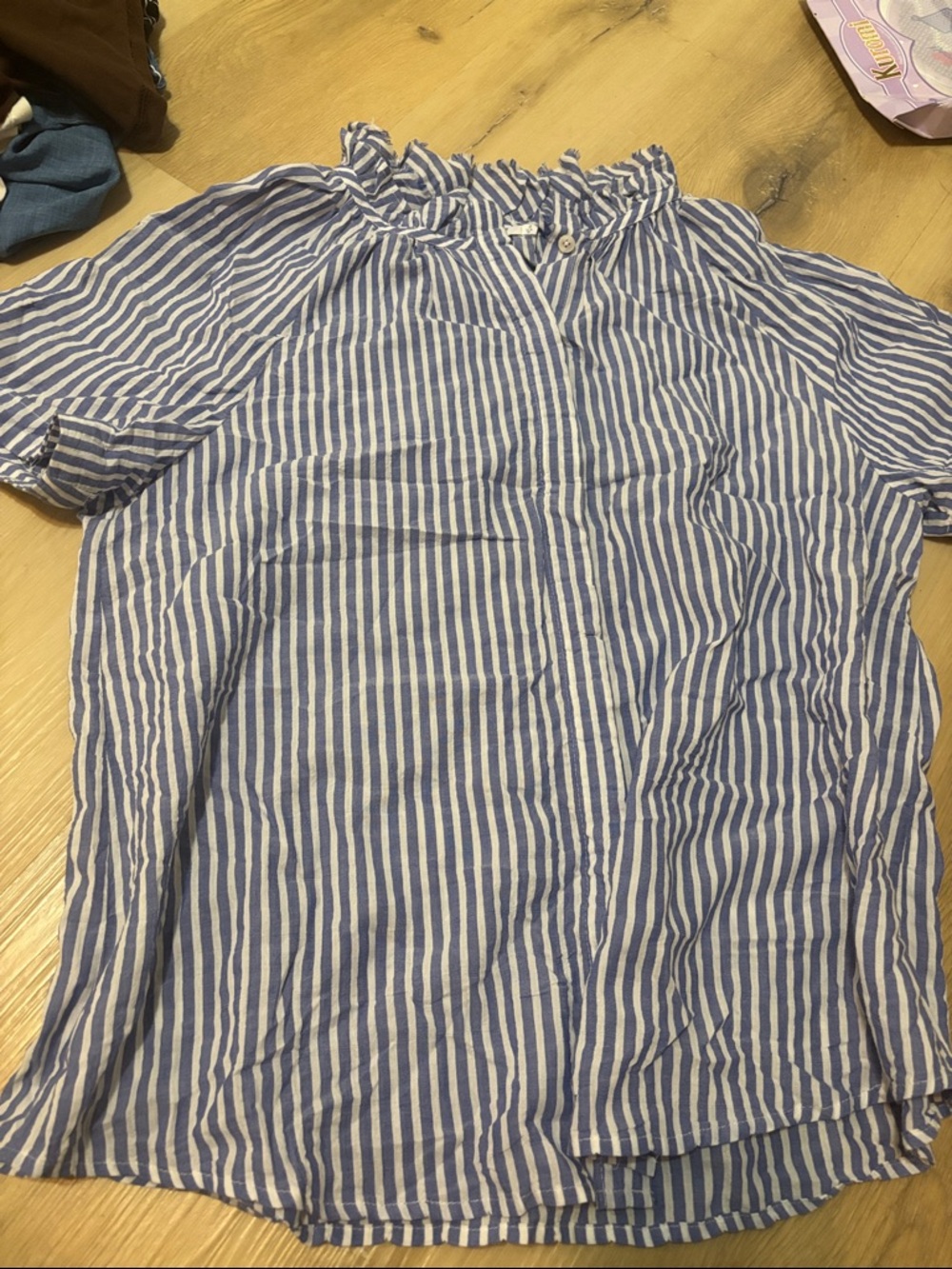 Chico's Blue and White Vertical Stripe Short-Sleeve Button Down